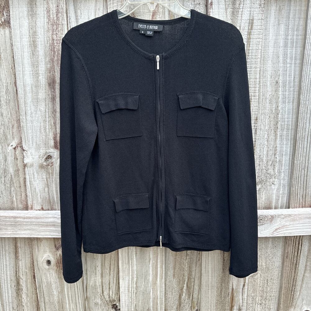 Evelyn & Arthur Womens Black Zip Knit Sweater 4 Front Pockets Boutique Classic S